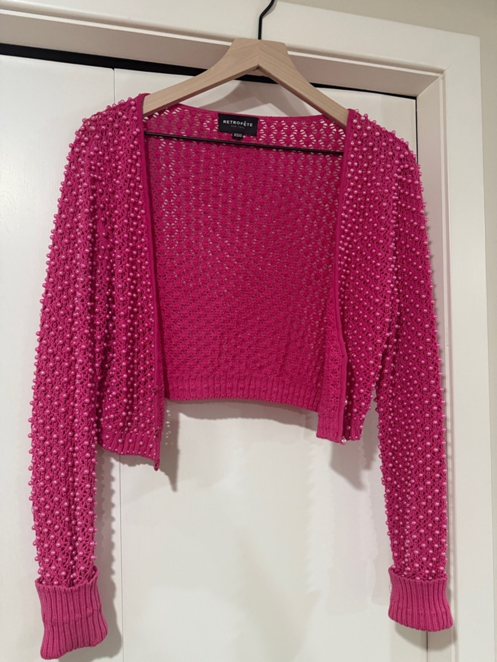 Retrofete Hot Pink Cropped Pearl-Embellished Cardigan